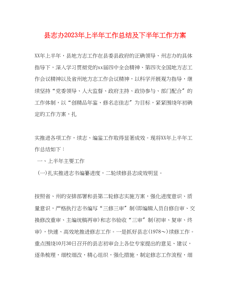 2023年县志办上半工作总结及下半工作计划范文.docx_第1页