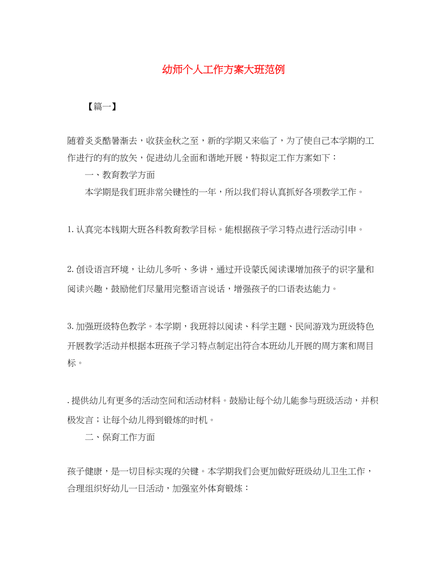 2023年幼师个人工作计划大班范例范文.docx_第1页