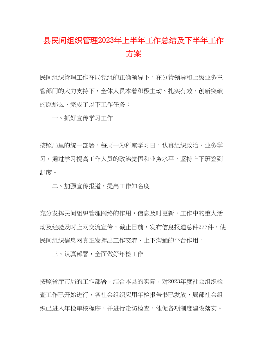 2023年县民间组织管理上半工作总结及下半工作计划范文.docx_第1页