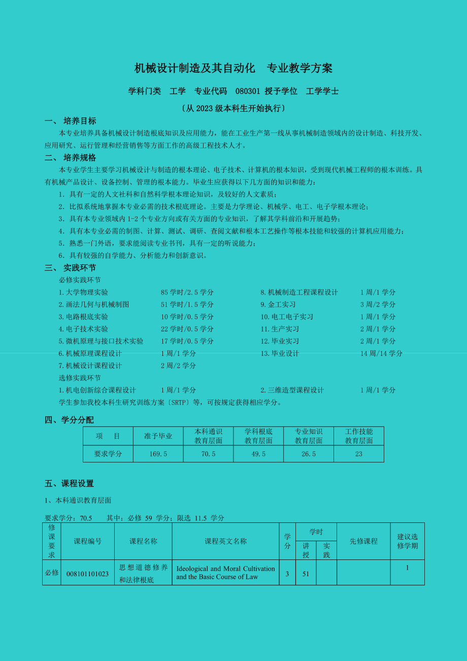 2023年机械设计制造及其自动化 专业教学计划.doc_第1页