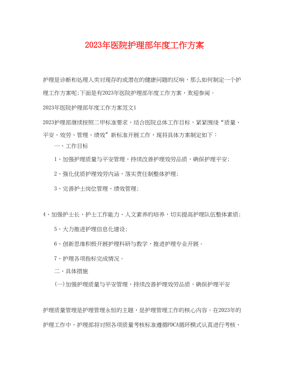 2023年医院护理部度工作计划范文.docx_第1页