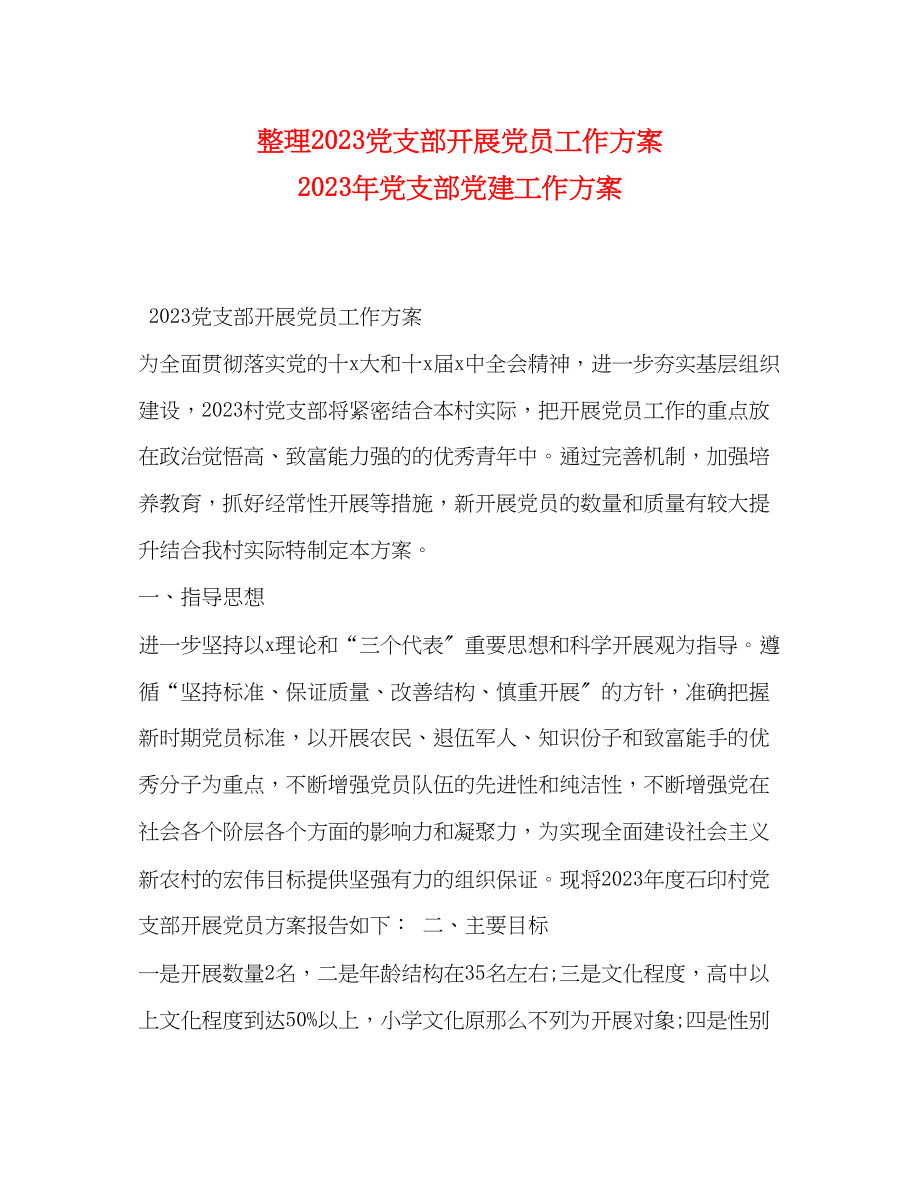 2023年整理党支部发展党员工作计划党支部党建工作计划范文.docx_第1页