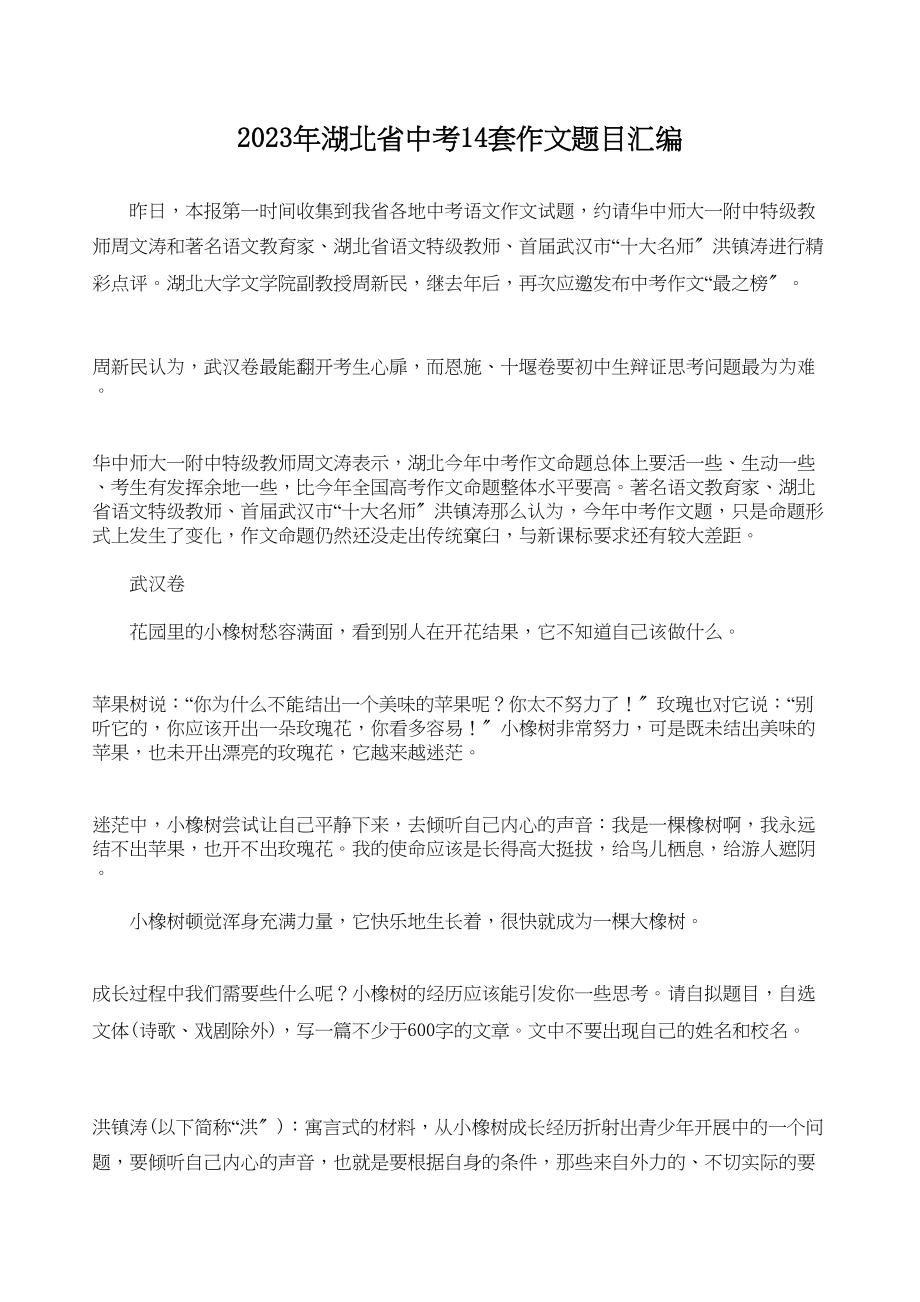 2023年湖北省中考14套作文题目汇编初中语文.docx_第1页