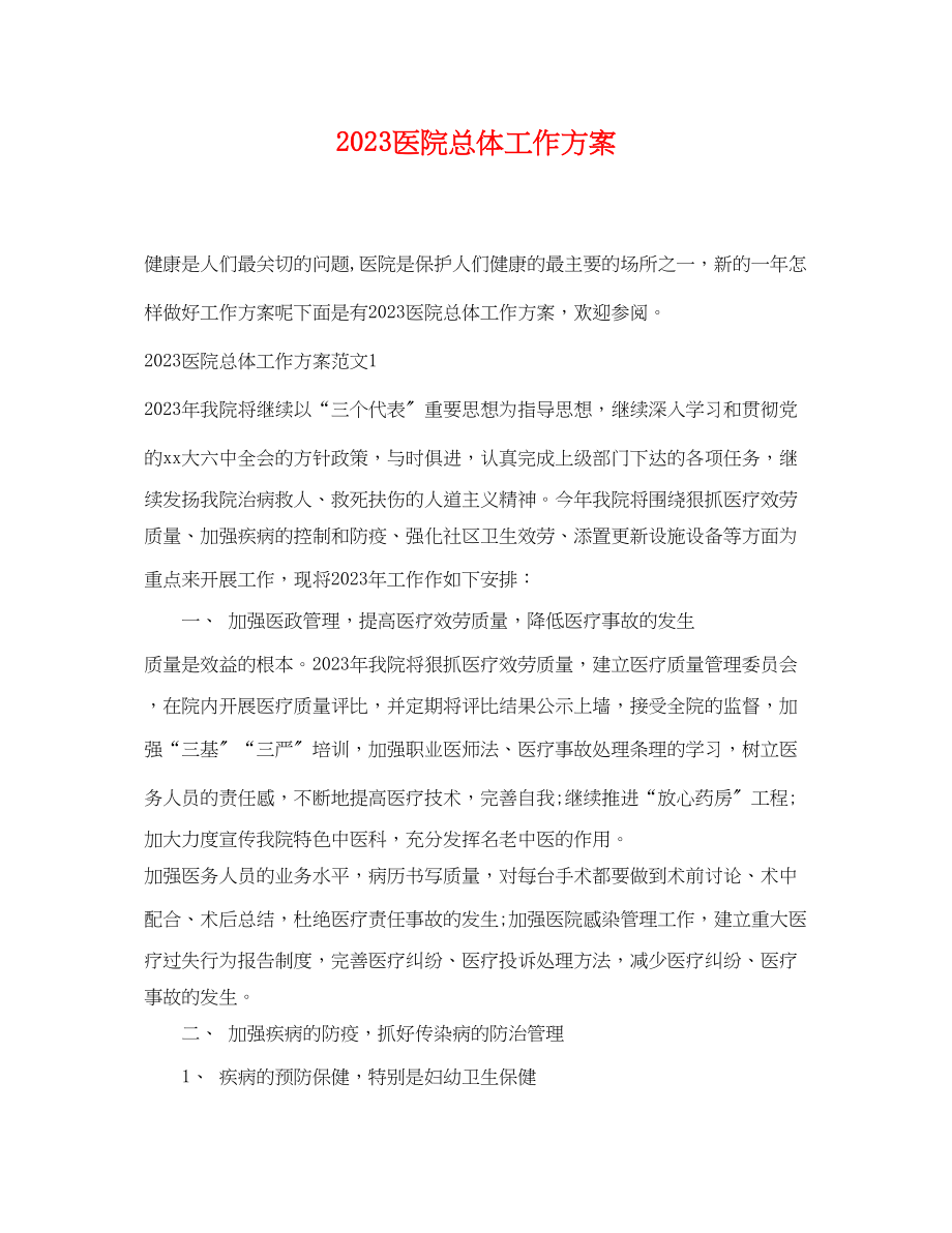 2023年医院总体工作计划范文.docx_第1页