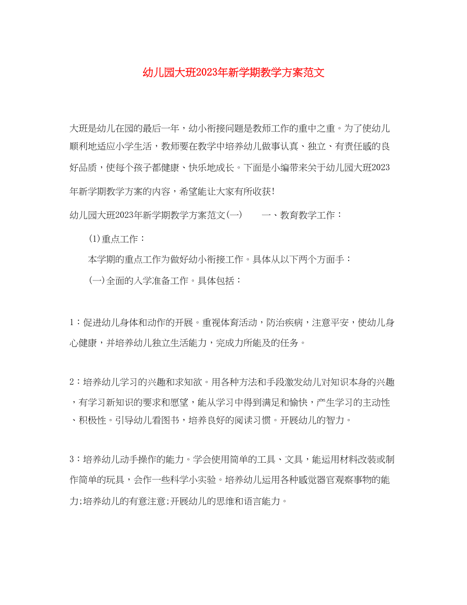 2023年幼儿园大班新学期教学计划2范文.docx_第1页