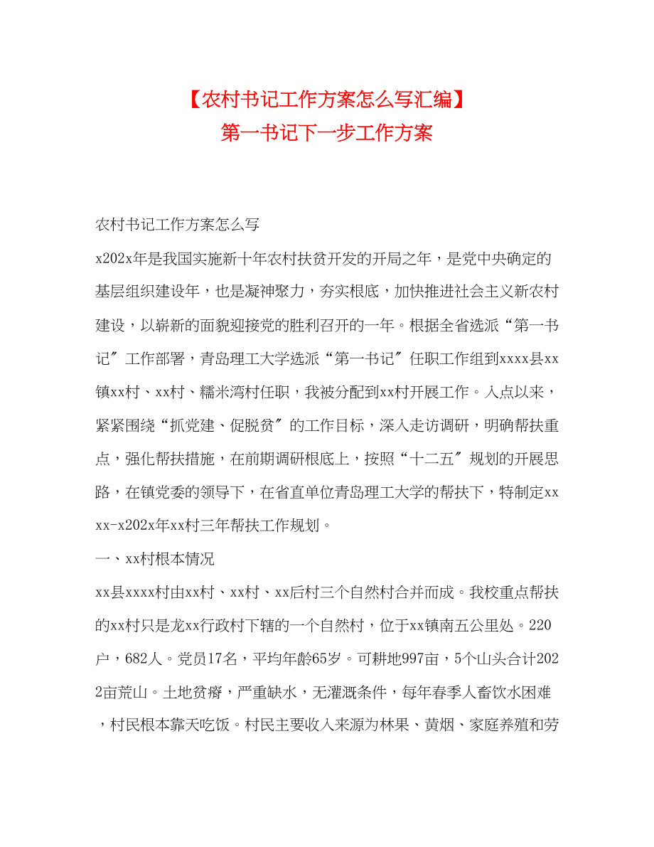 2023年农村书记工作计划怎么写汇编第一书记下一步工作计划范文.docx_第1页