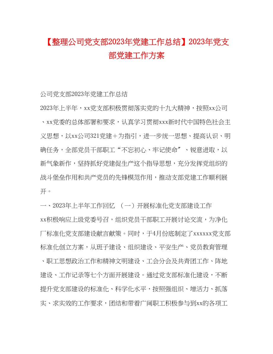 2023年整理公司党支部党建工作总结党支部党建工作计划范文.docx_第1页