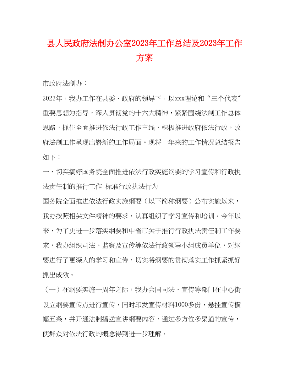 2023年县人民政府法制办公室工作总结及工作计划范文.docx_第1页