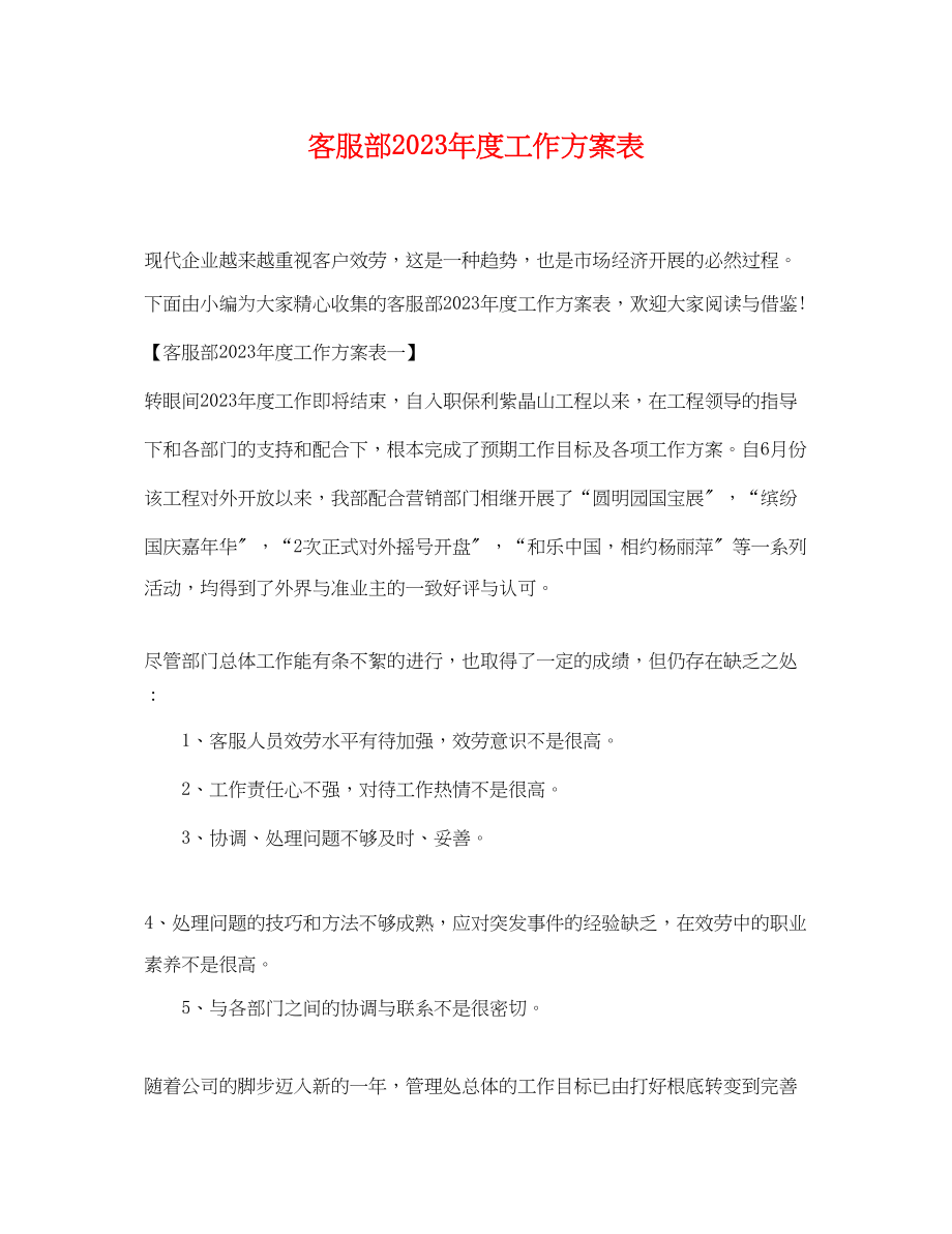 2023年客服部度工作计划表范文.docx_第1页