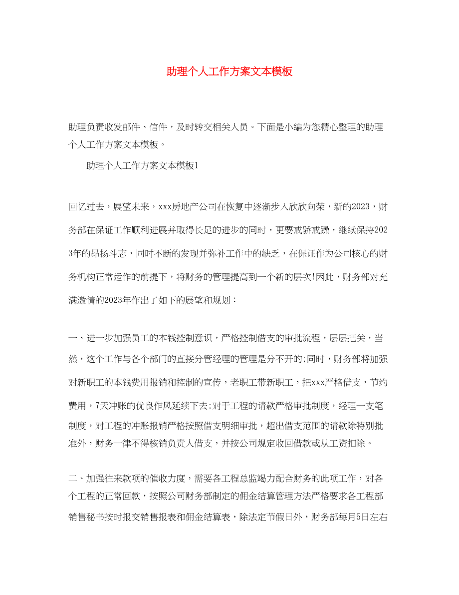 2023年助理个人精选工作计划文本模板范文.docx_第1页