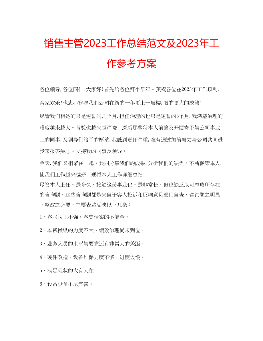 2023年销售主管工作总结及工作计划范文.docx_第1页