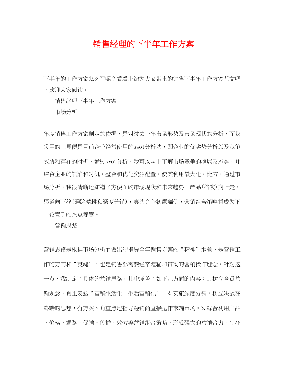 2023年销售经理的下半工作计划范文.docx_第1页