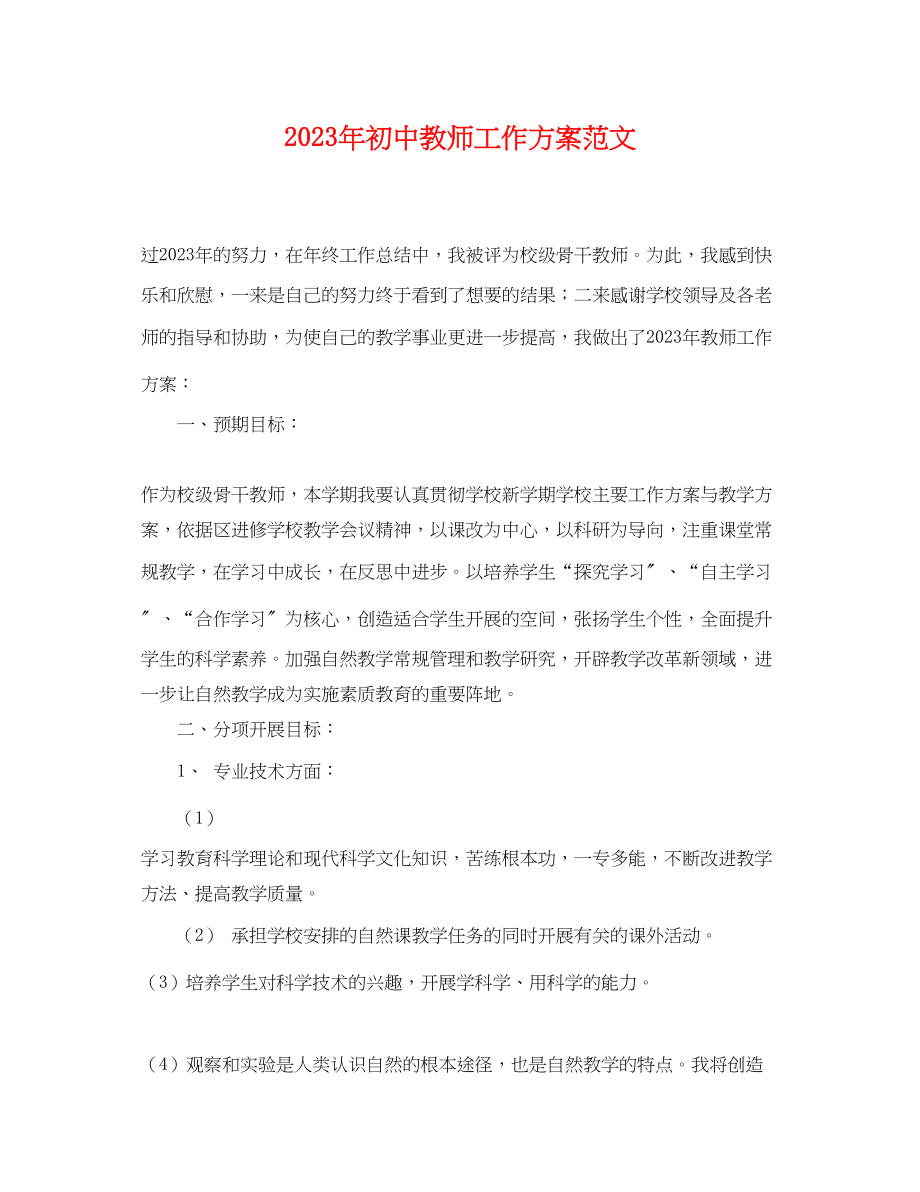 2023年初中教师工作计划精选22范文.docx_第1页