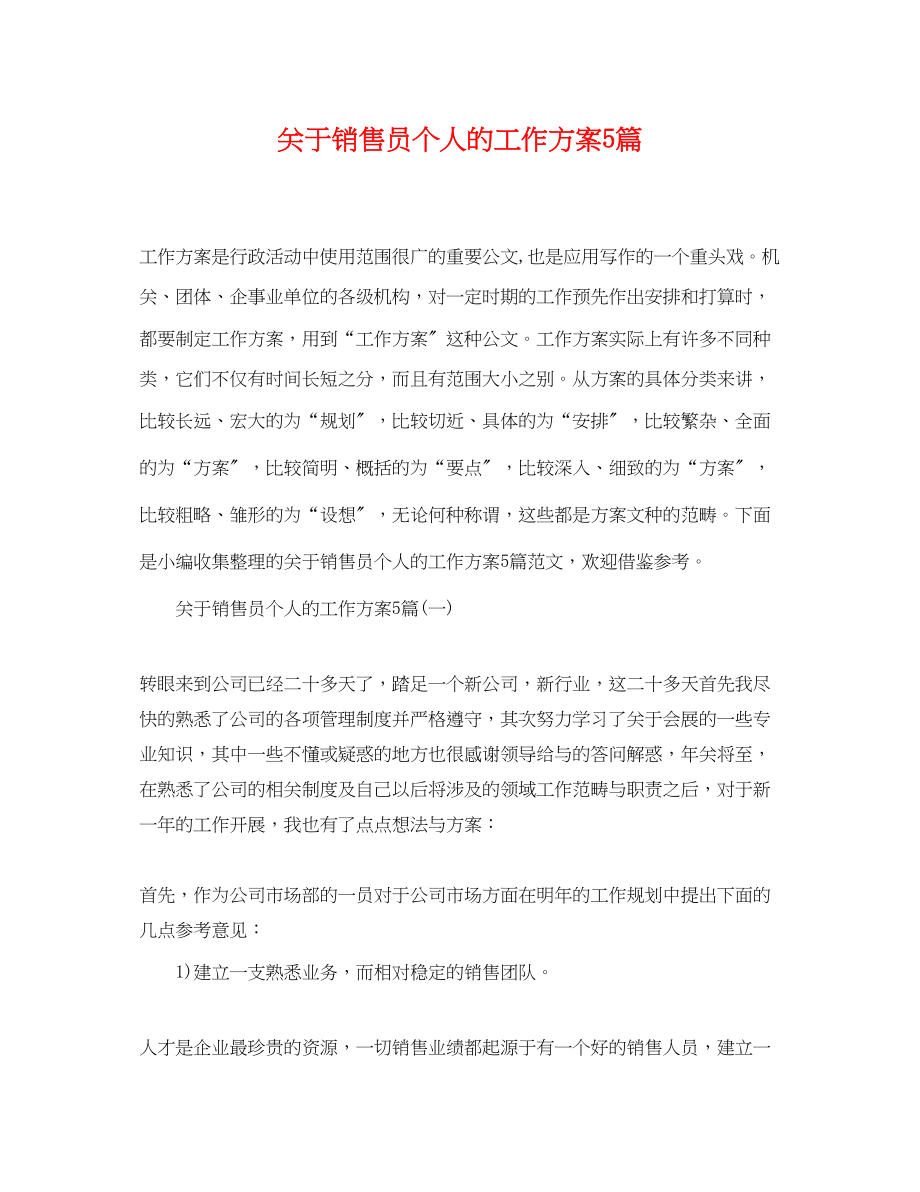 2023年销售员个人的工作计划5篇范文.docx_第1页