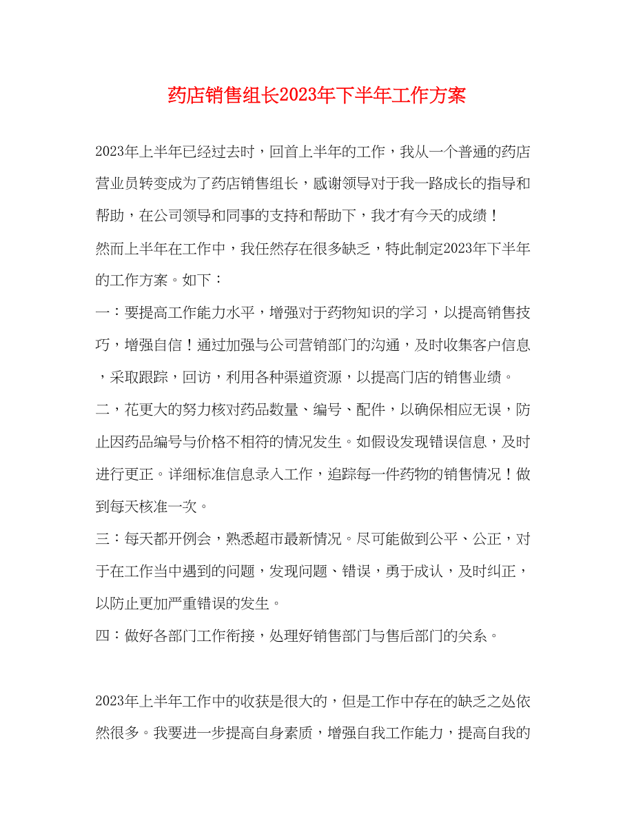 2023年药店销售组长下半工作计划范文.docx_第1页