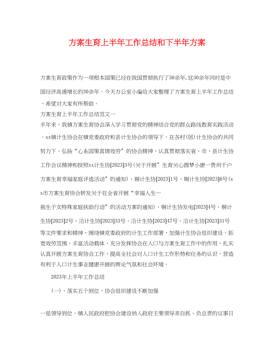 2023年计划生育上半工作总结和下半计划范文.docx_第1页