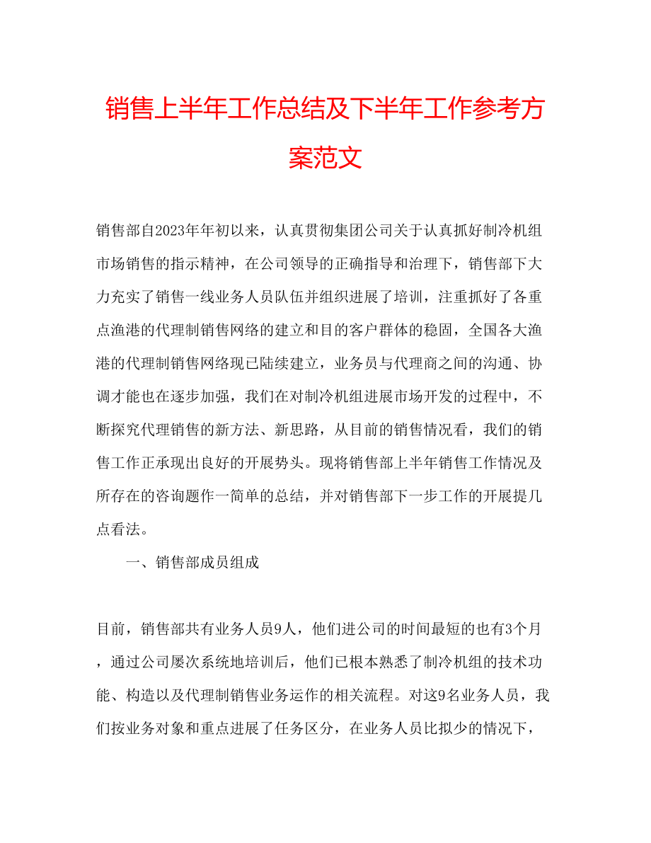 2023年销售上半工作总结及下半工作计划范文.docx_第1页