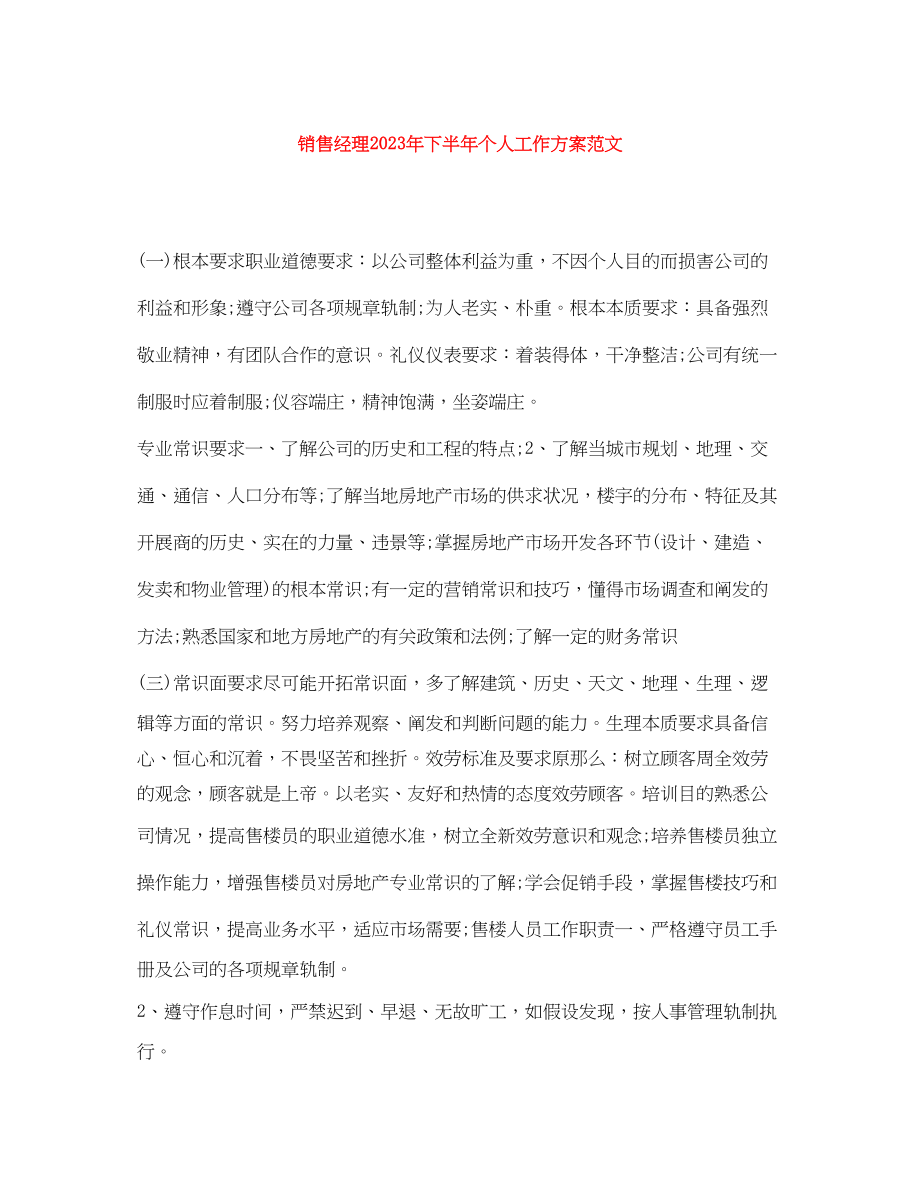 2023年销售经理下半个人工作计划范文.docx_第1页