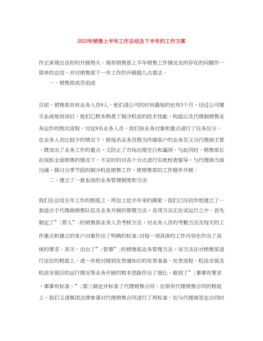 2023年销售上半工作总结及下半的工作计划范文.docx_第1页