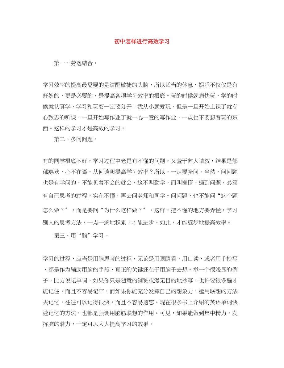 2023年初中怎样进行高效学习范文.docx_第1页