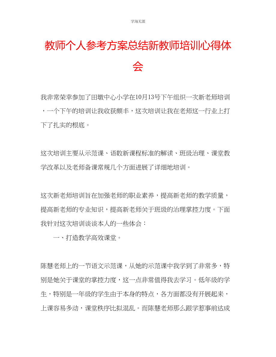 2023年教师个人计划总结新教师培训心得体会.docx_第1页