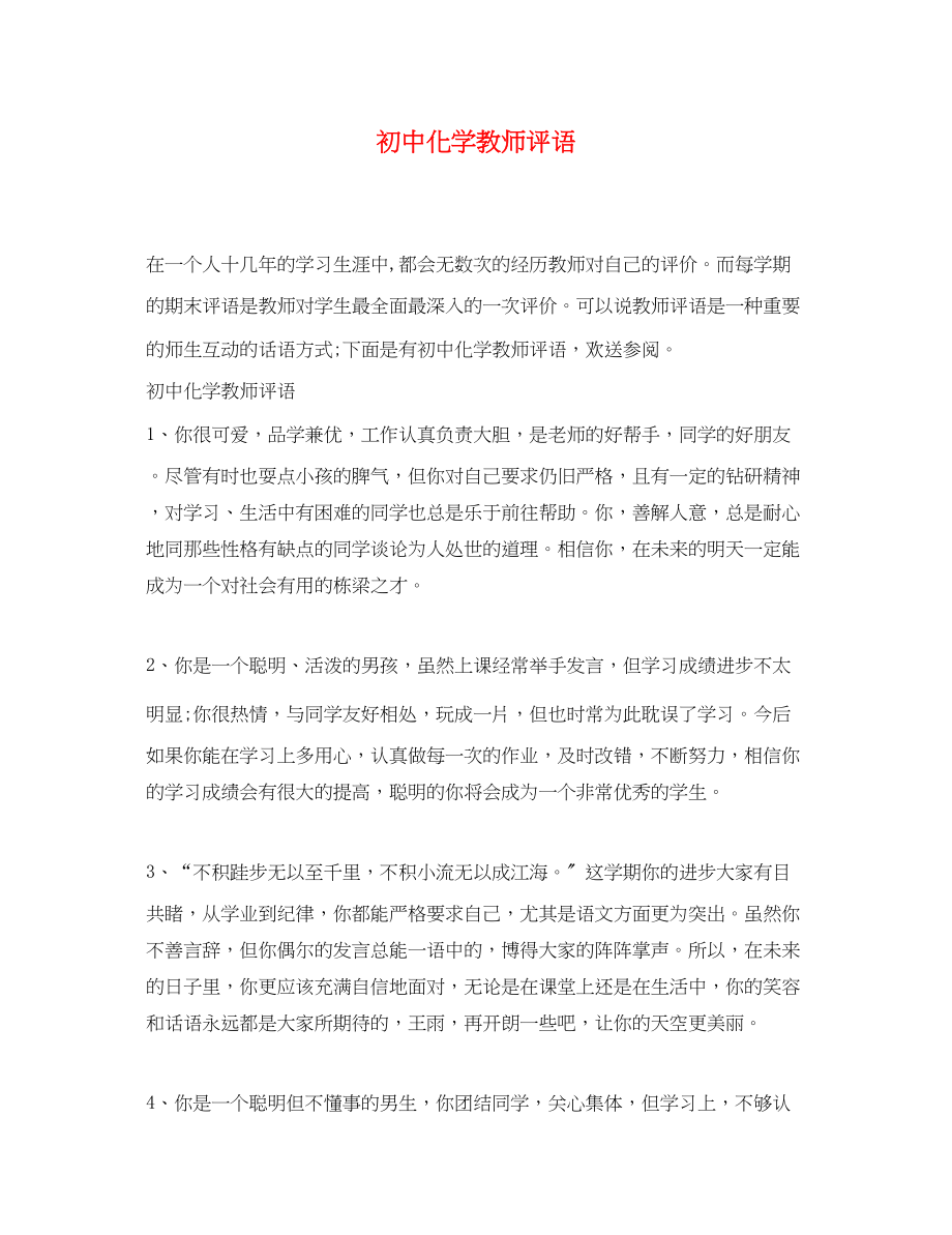 2023年初中化学教师评语.docx_第1页