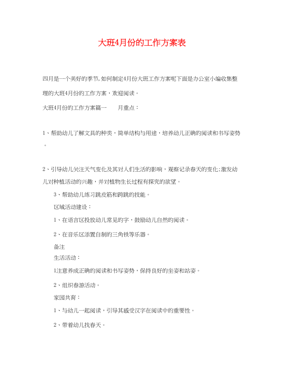 2023年大班4月份的工作计划表范文.docx_第1页