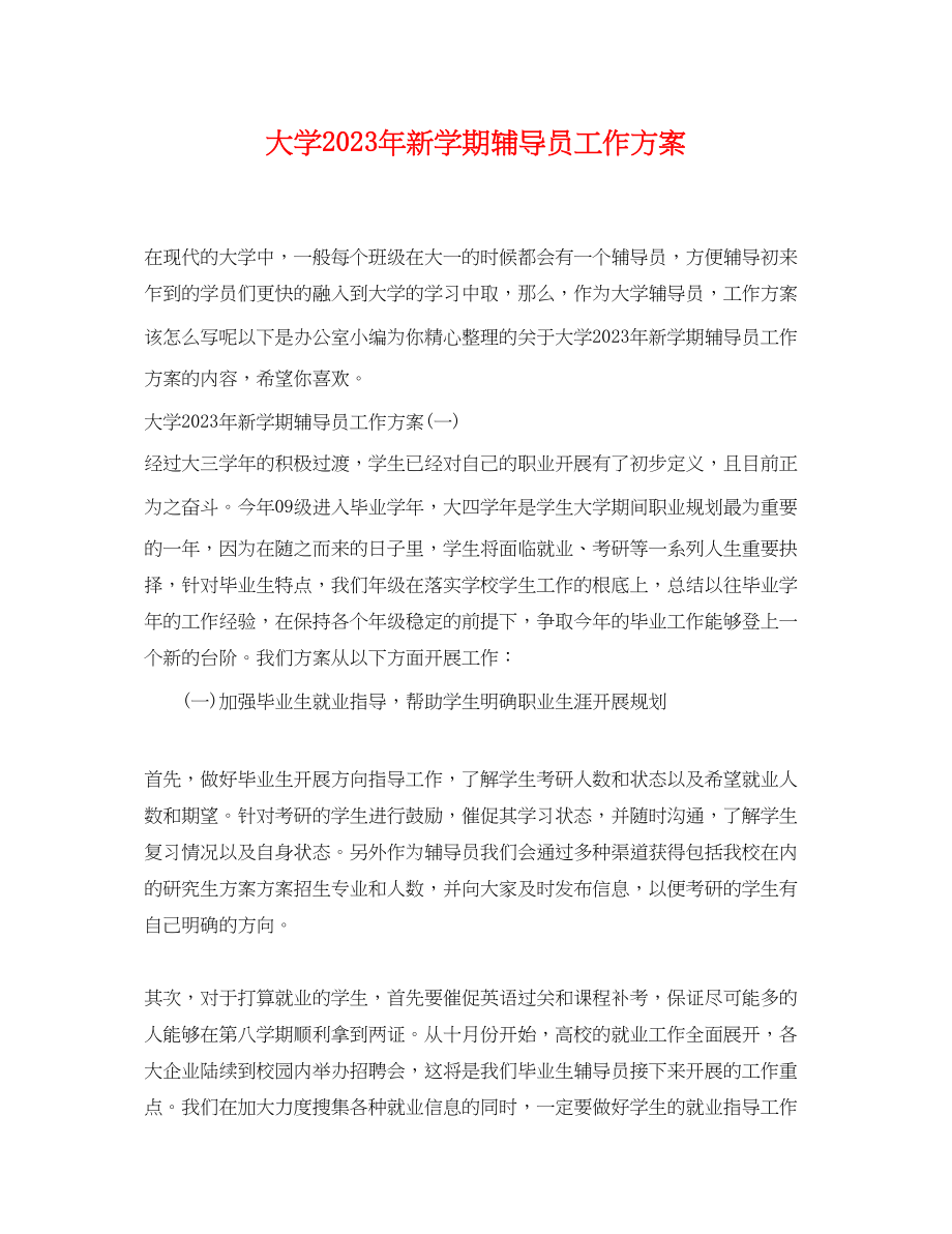 2023年大学新学期辅导员工作计划2范文.docx_第1页