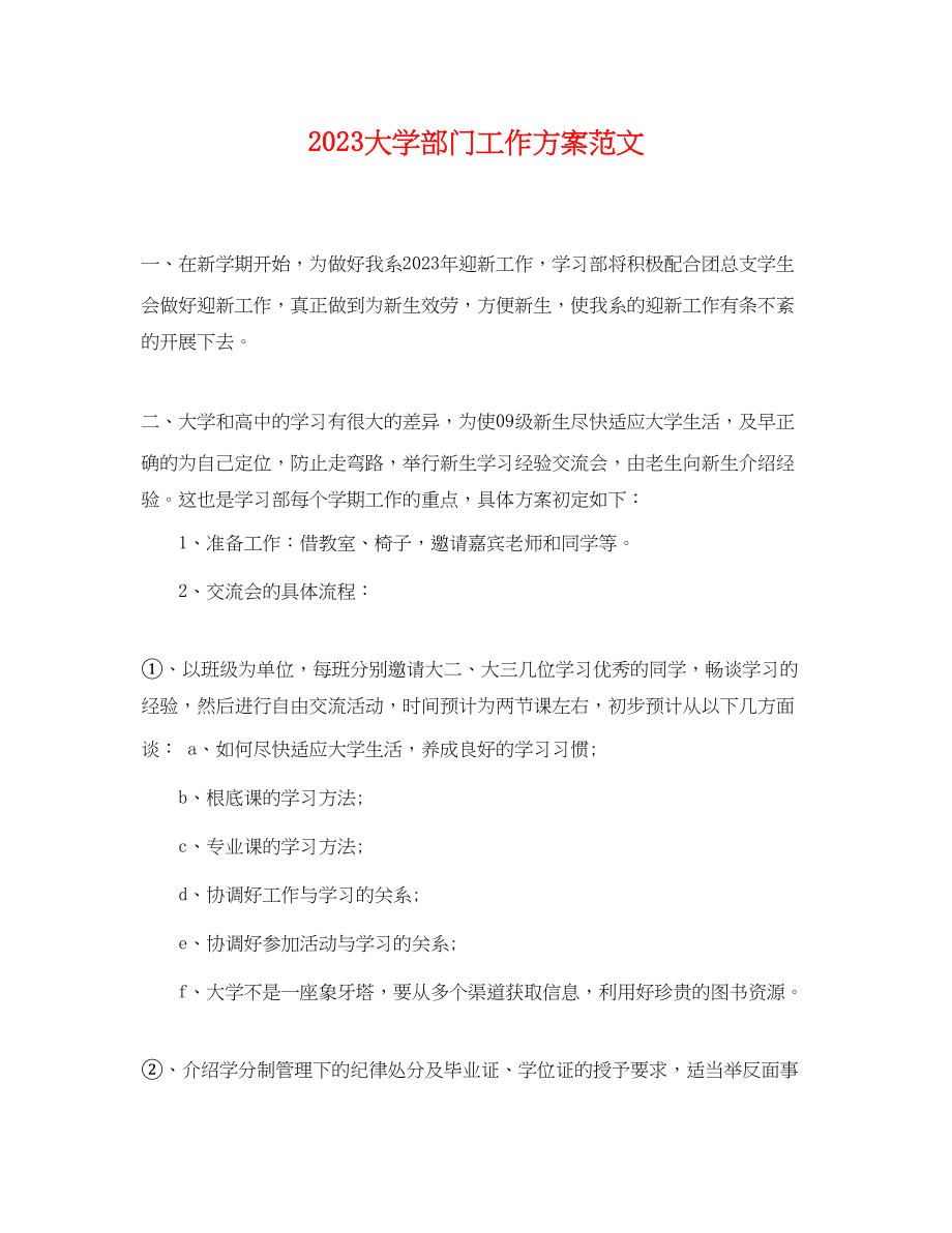 2023年大学部门工作计划2范文.docx_第1页