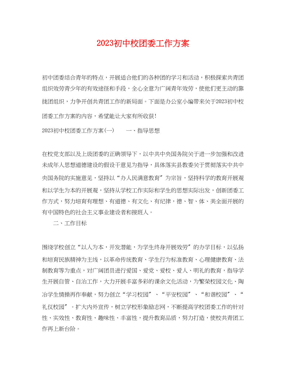 2023年初中校团委工作计划范文.docx_第1页