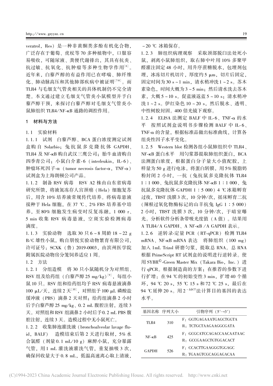 白藜芦醇抑制TLR4_NF...毛细支气管炎小鼠的保护作用_高凯霞.pdf_第2页