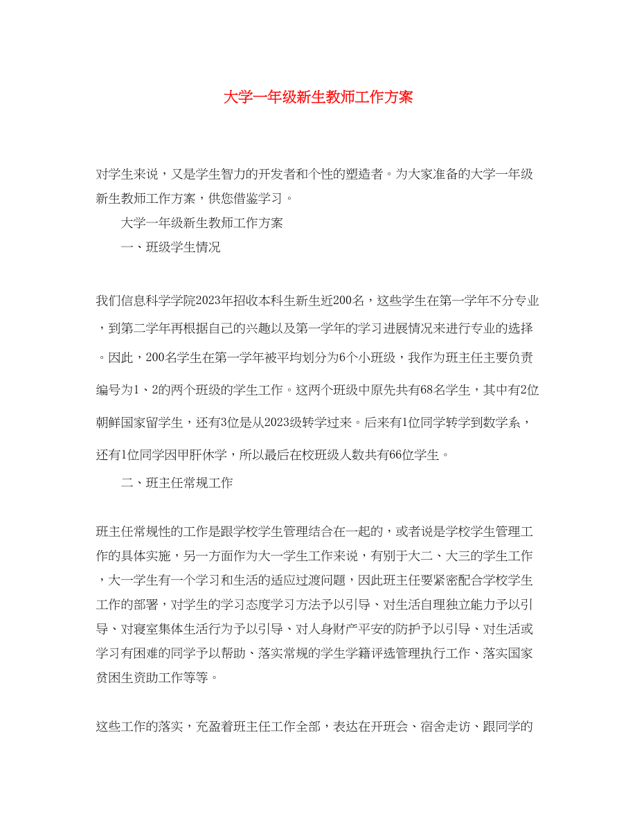 2023年大学一级新生教师工作计划精选范文.docx_第1页