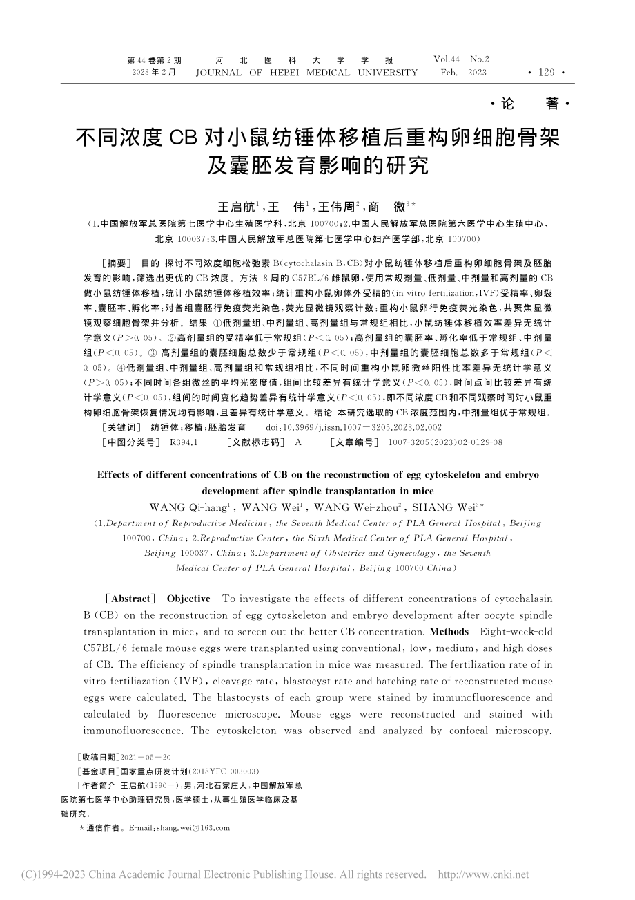 不同浓度CB对小鼠纺锤体移...胞骨架及囊胚发育影响的研究_王启航.pdf_第1页