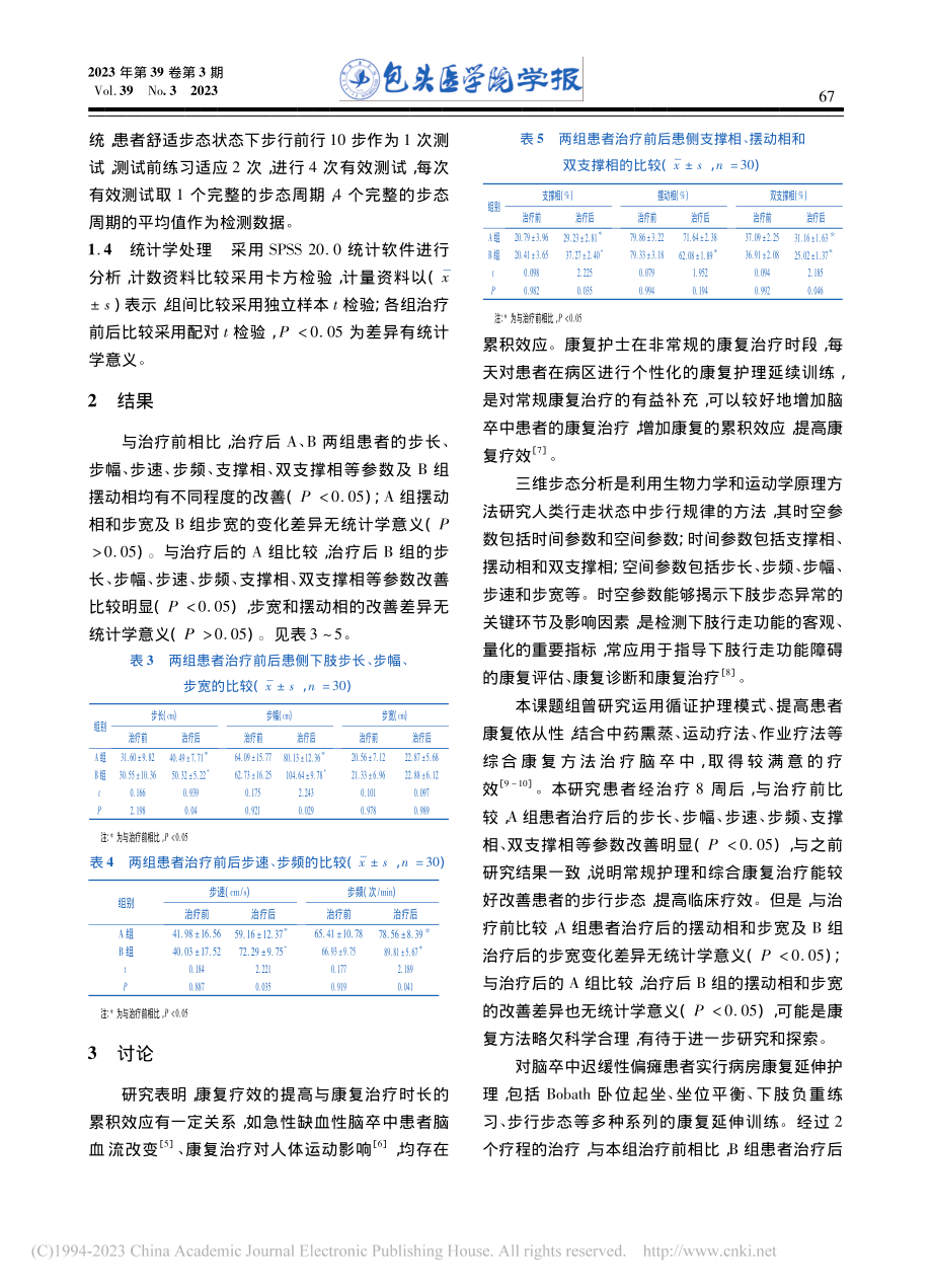 病房康复延伸护理对脑卒中迟...患者三维步态时空参数的影响_吕勤.pdf_第3页