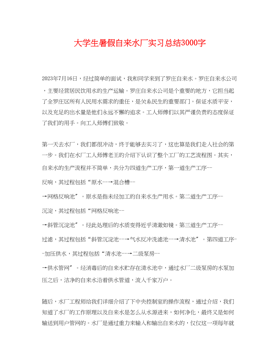 2023年大学生暑假自来水厂实习总结3000字范文.docx_第1页