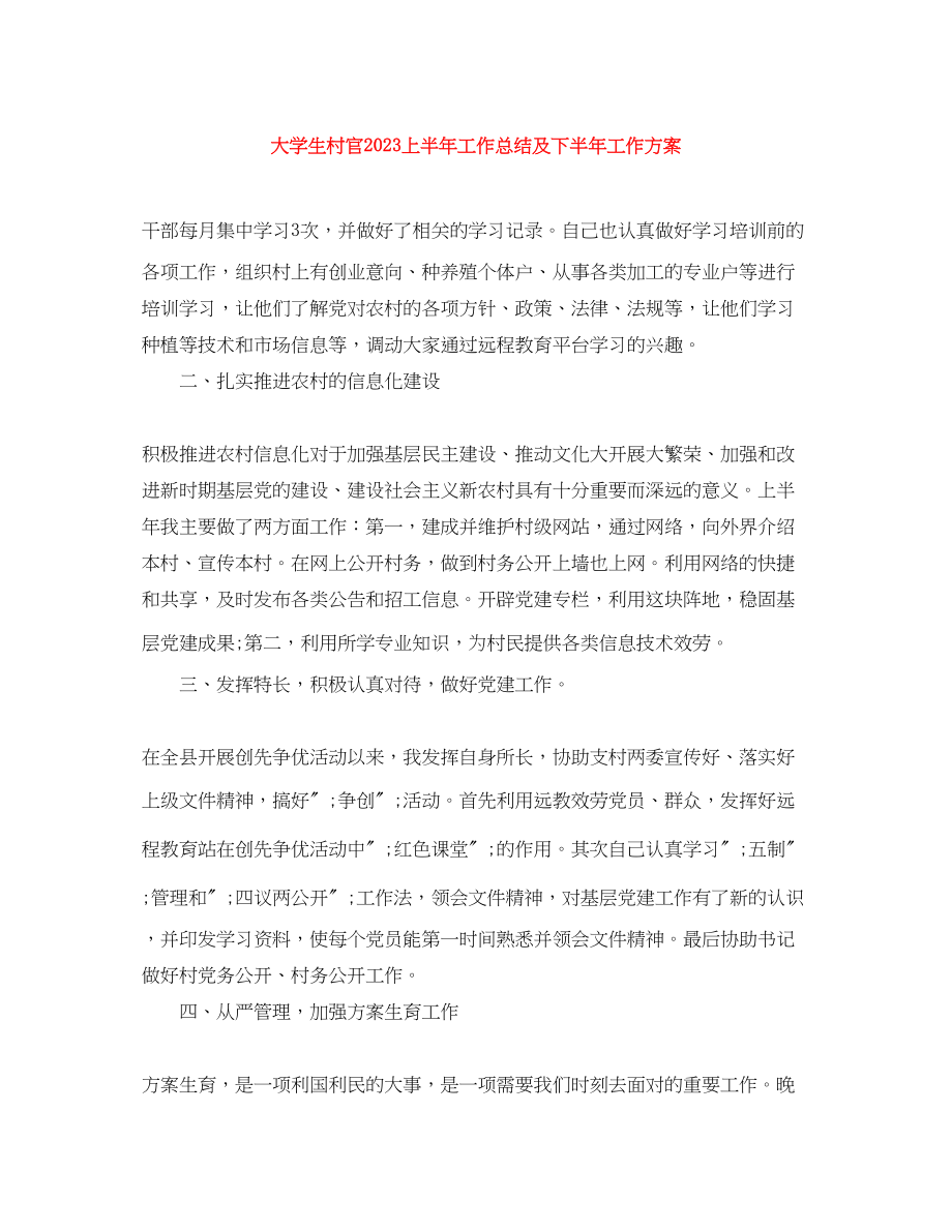 2023年大学生村官上半工作总结及下半工作计划范文.docx_第1页