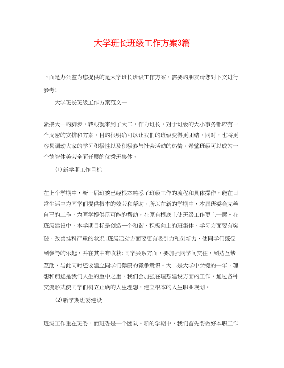 2023年大学班长班级工作计划3篇范文.docx_第1页