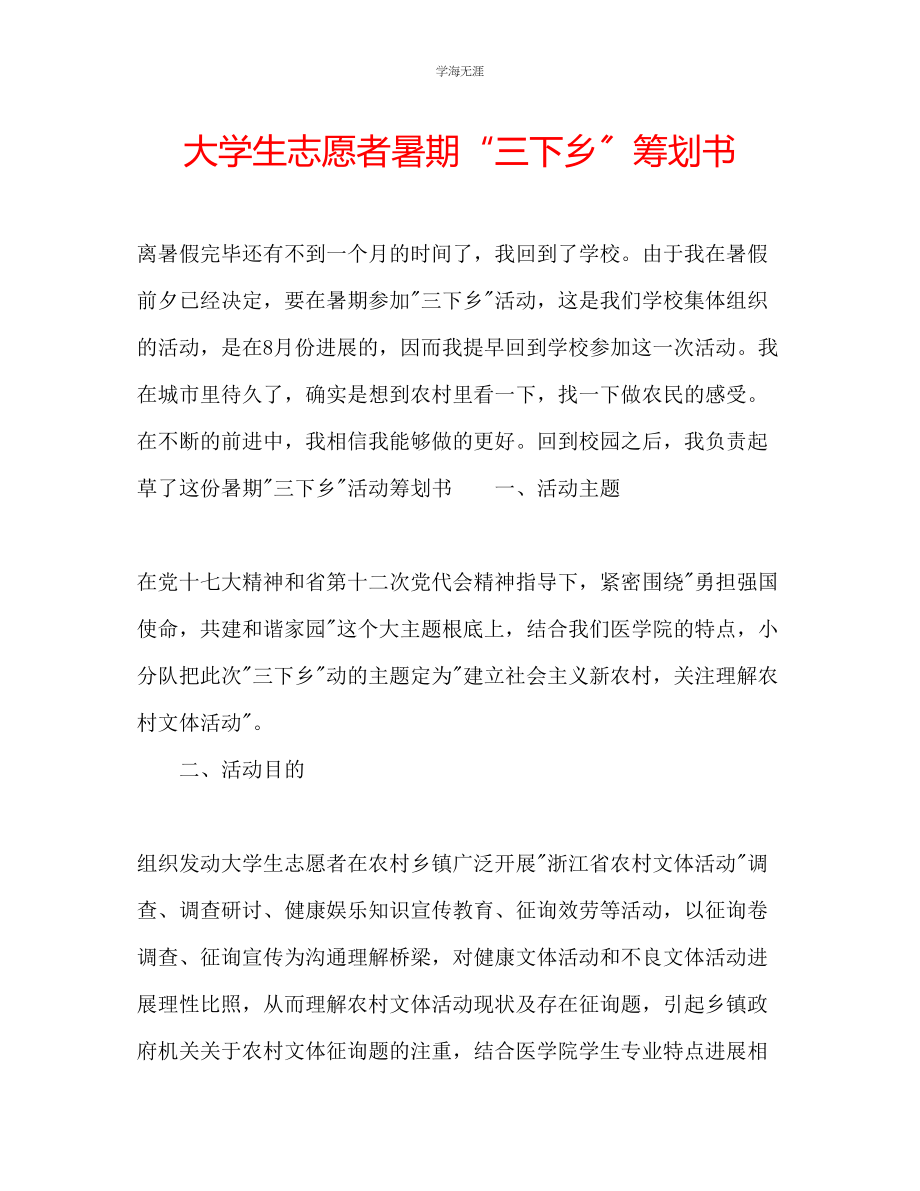 2023年大学生志愿者暑期三下乡策划书范文.docx_第1页