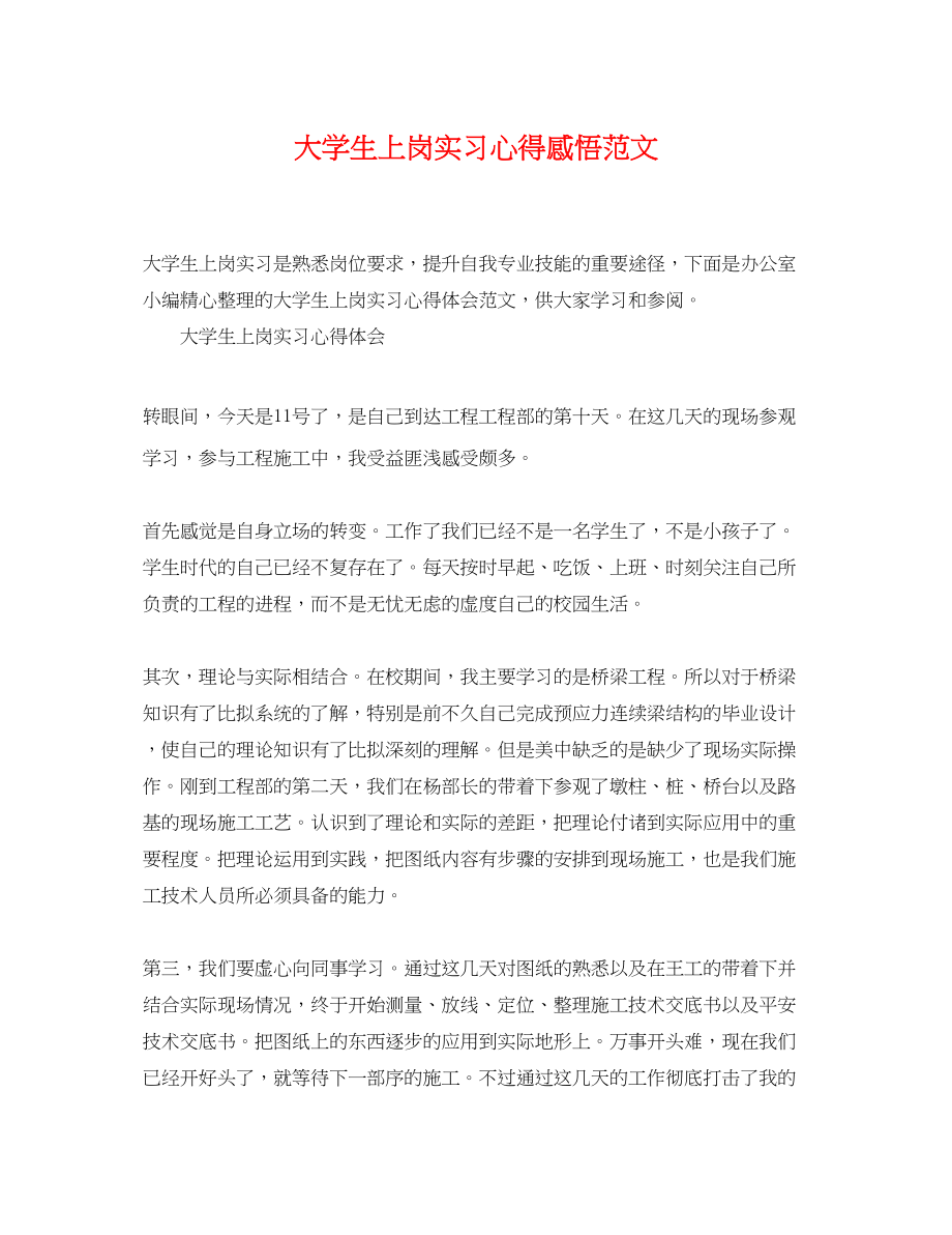 2023年大学生上岗实习心得感悟范文.docx_第1页