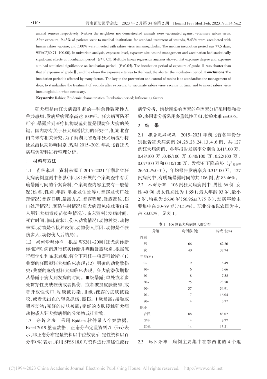 2015-2021年湖北省...行特征及潜伏期影响因素分析_宋开发.pdf_第2页