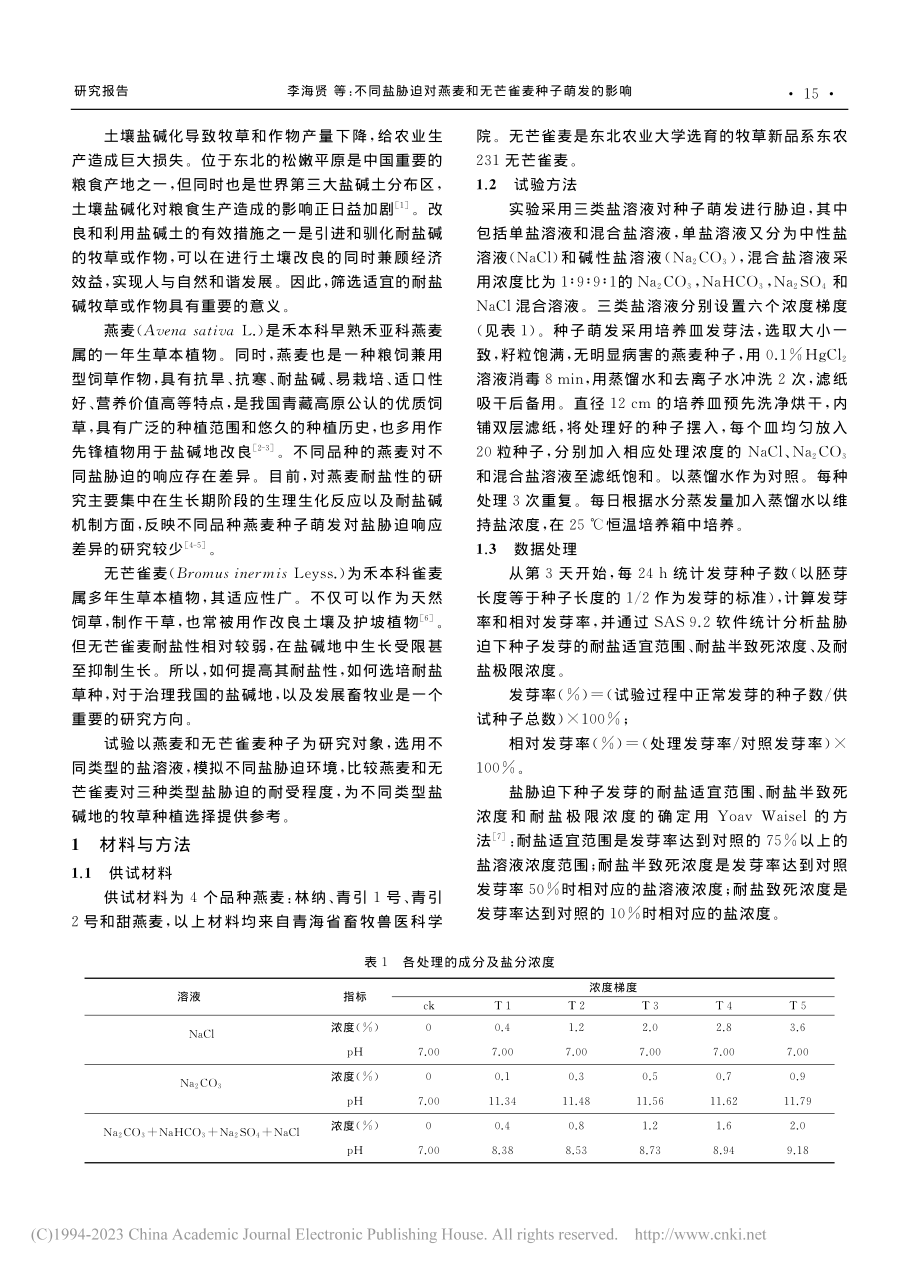 不同盐胁迫对燕麦和无芒雀麦种子萌发的影响_李海贤.pdf_第2页