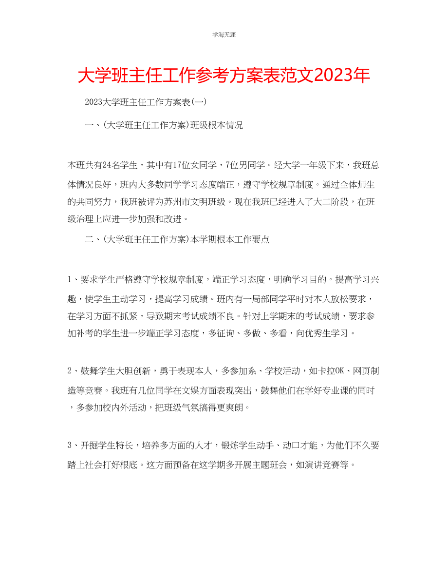 2023年大学班主任工作计划表2范文.docx_第1页