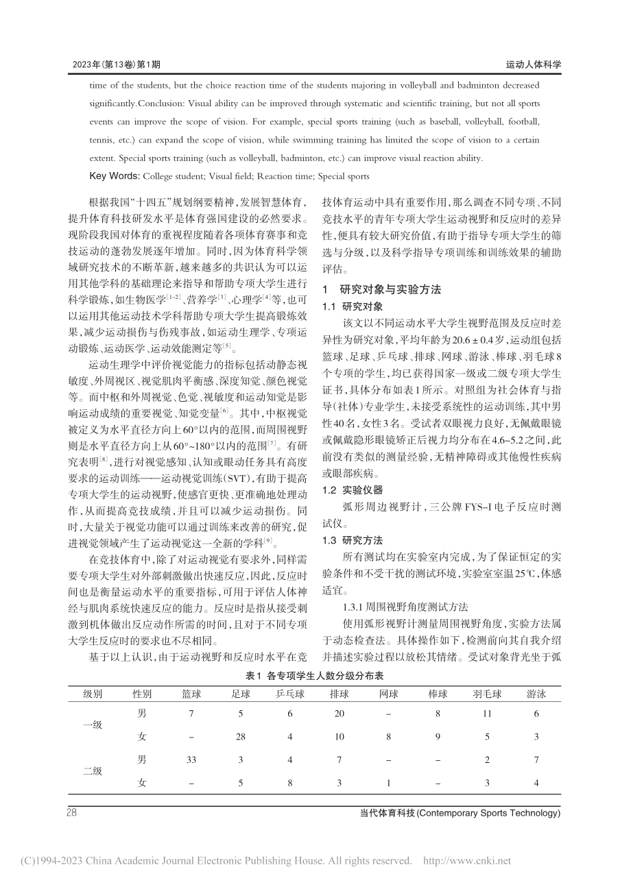 不同运动水平大学生视野范围及反应时差异性研究_周洁.pdf_第2页