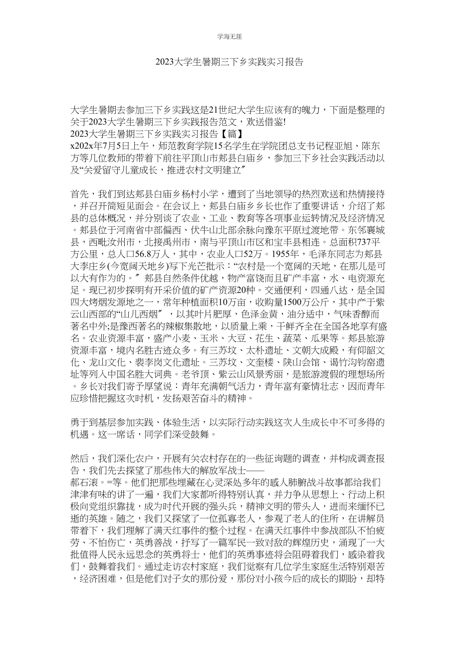 2023年大学生ۥ暑期三下乡实践实习报告范文.docx_第1页