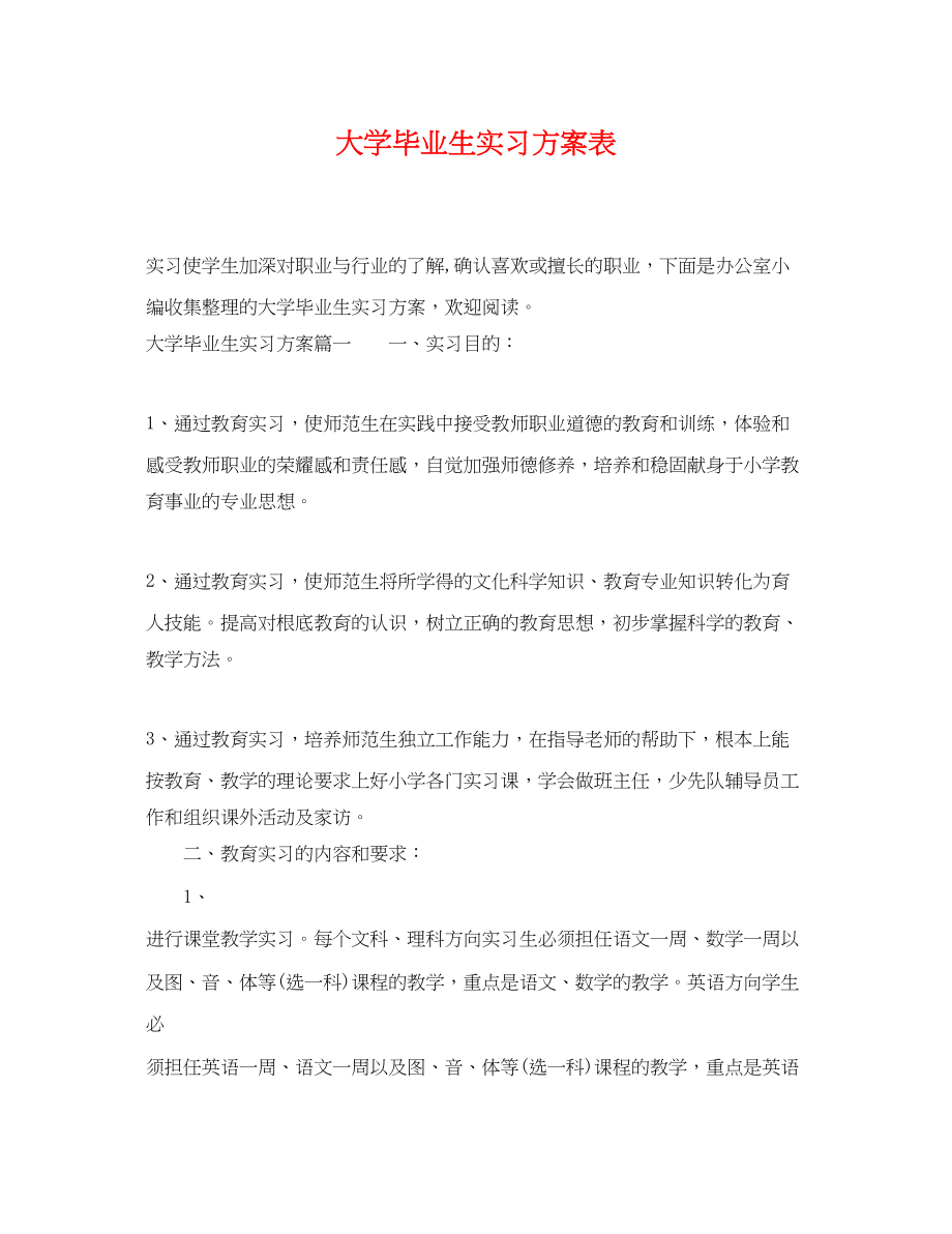 2023年大学毕业生实习计划表范文.docx_第1页