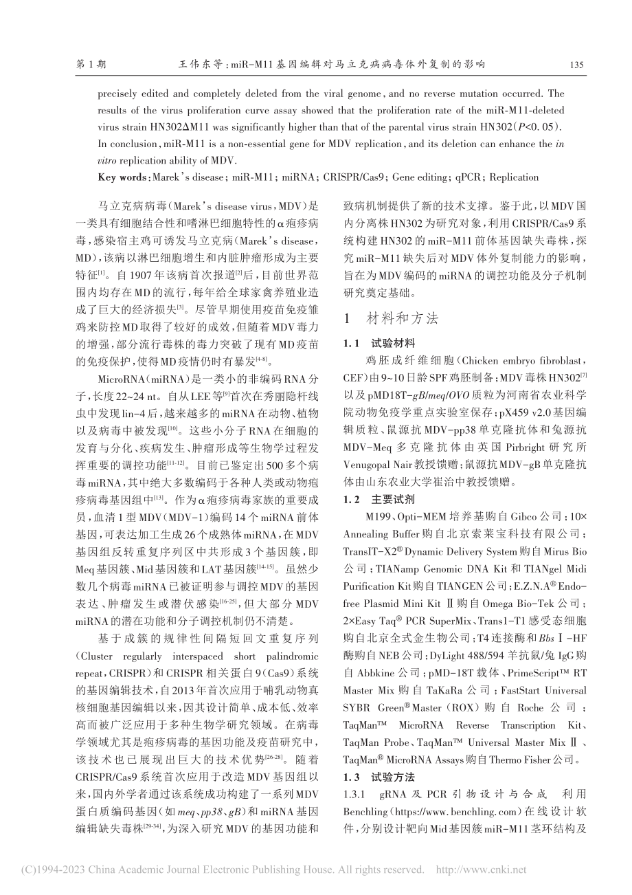 miR-M11基因编辑对马立克病病毒体外复制的影响_王伟东.pdf_第2页