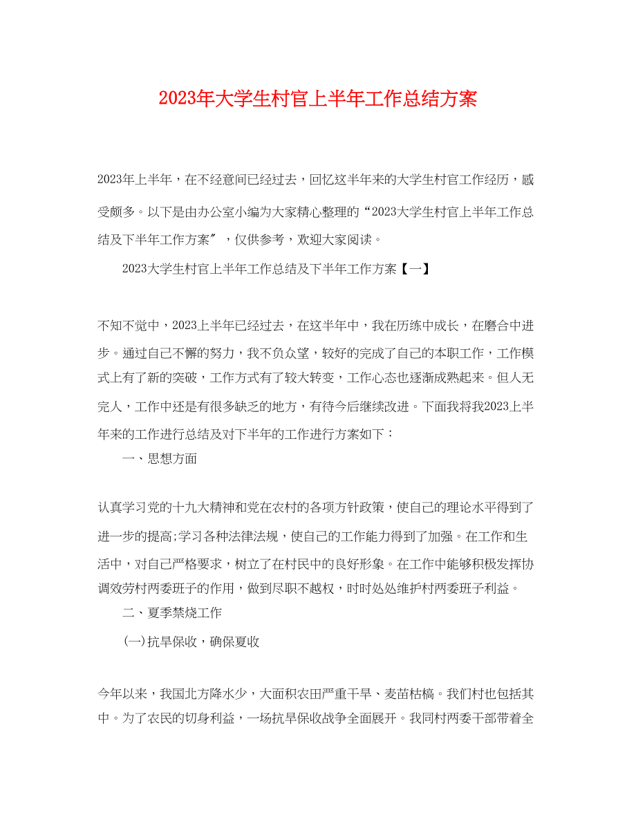 2023年大学生村官上半工作总结计划范文.docx_第1页