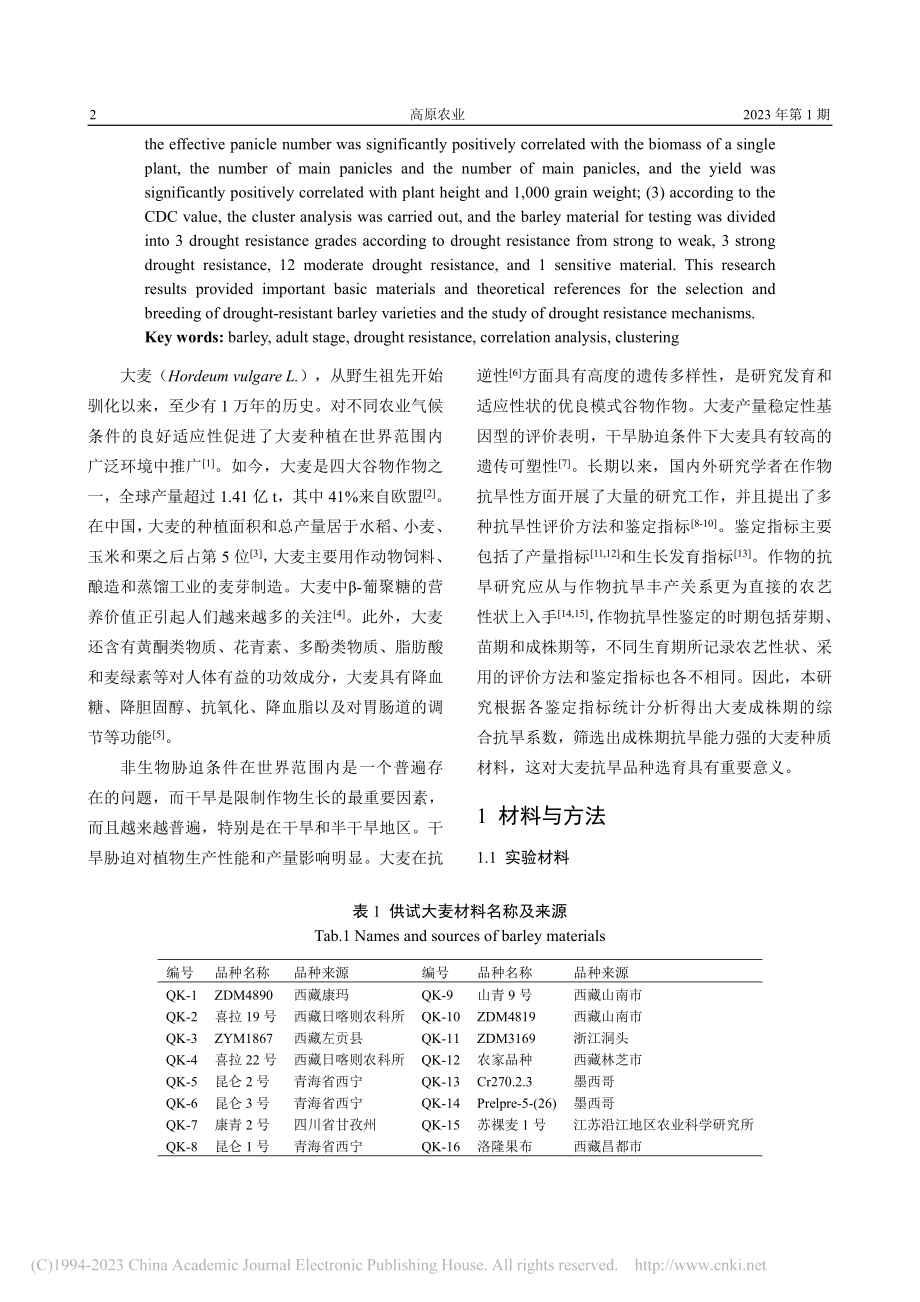 大麦成株期抗旱优良种质资源筛选_彭玉琳.pdf_第2页