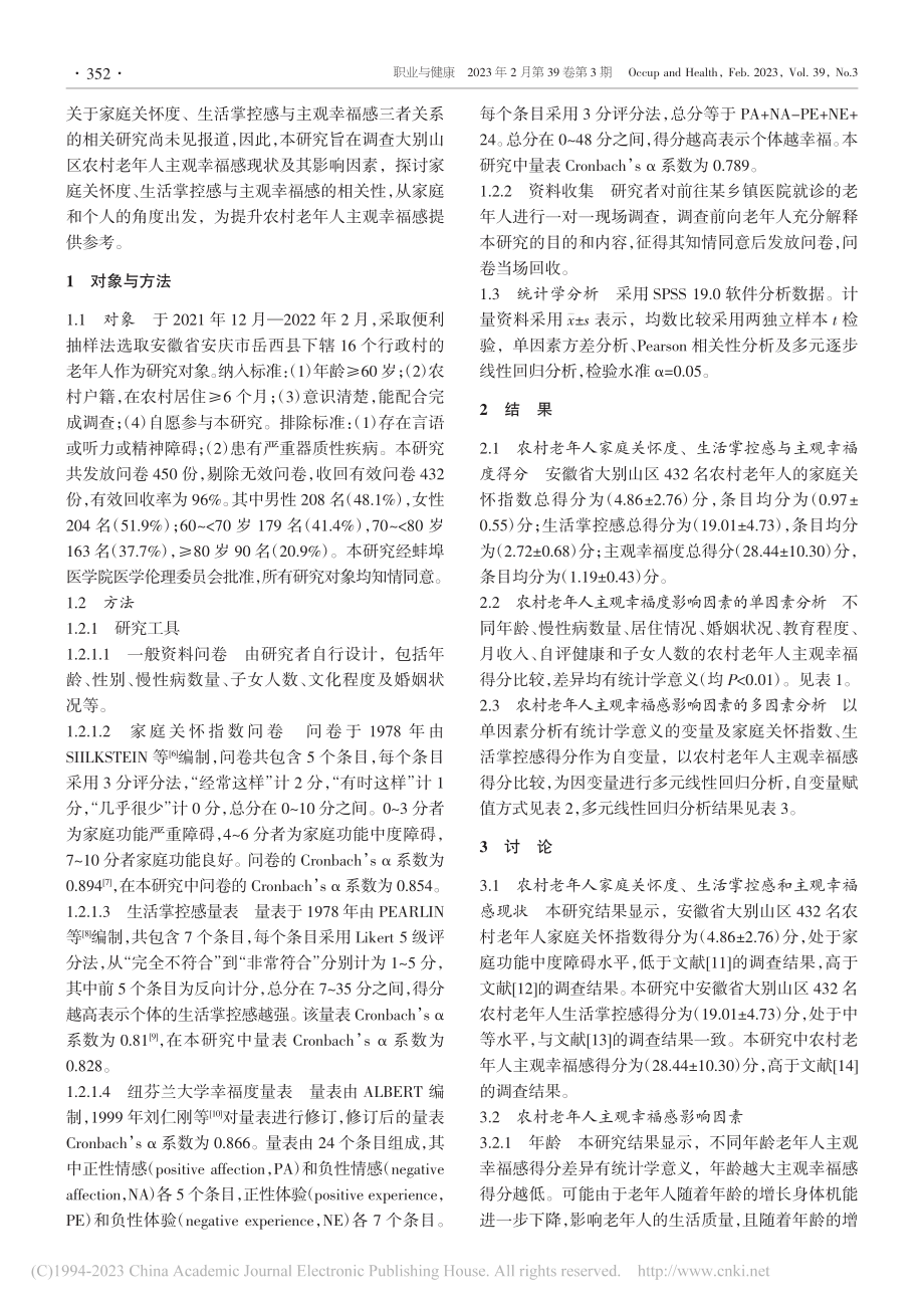 大别山区农村老年人家庭关怀...控感与主观幸福感相关性研究_吴敏.pdf_第2页