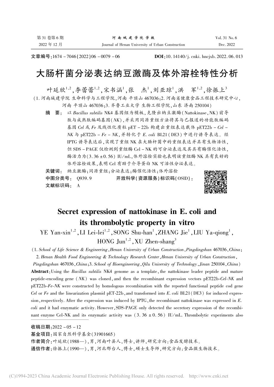 大肠杆菌分泌表达纳豆激酶及体外溶栓特性分析_叶延欣.pdf_第1页